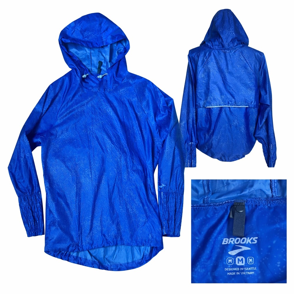 Brooks Blue Running Windbreaker HoodedJacket Women’s Med Reflective Lightweight
